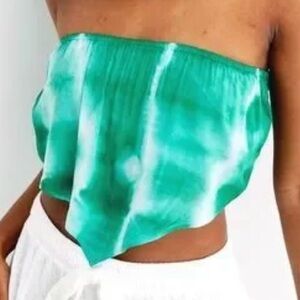 Aerie Tie Dye Green & White Smocked Tube Crop Bandana Tie Top Size Medium